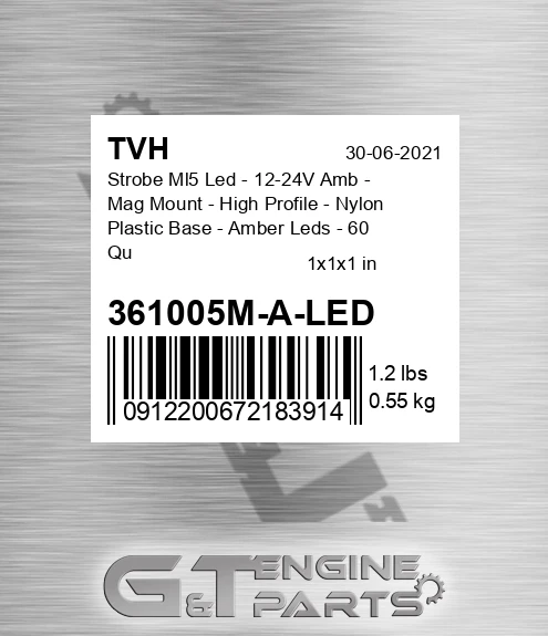 361005M-A-LED Strobe Ml5 Led - 12-24V Amb - Mag Mount - High Profile - Nylon Plastic Base - Amber Leds - 60 Quad Fpm