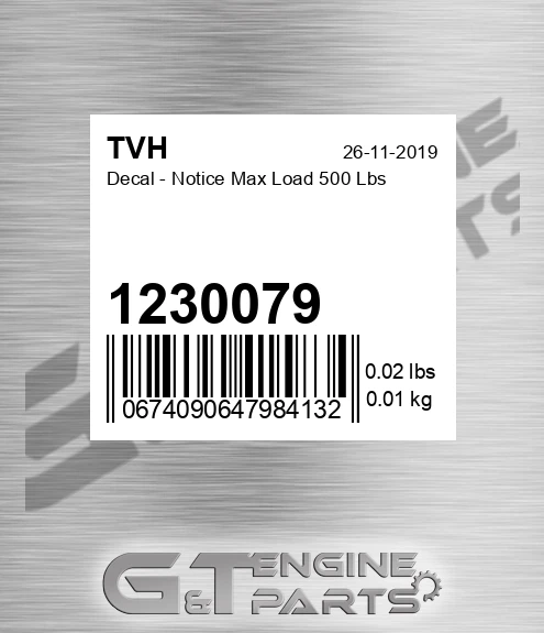 1230079 Decal - Notice Max Load 500 Lbs