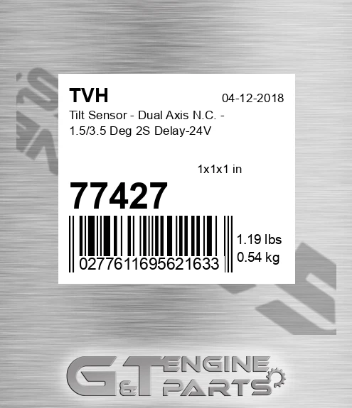 77427 Tilt Sensor - Dual Axis N.C. - 1.5/3.5 Deg 2S Delay-24V