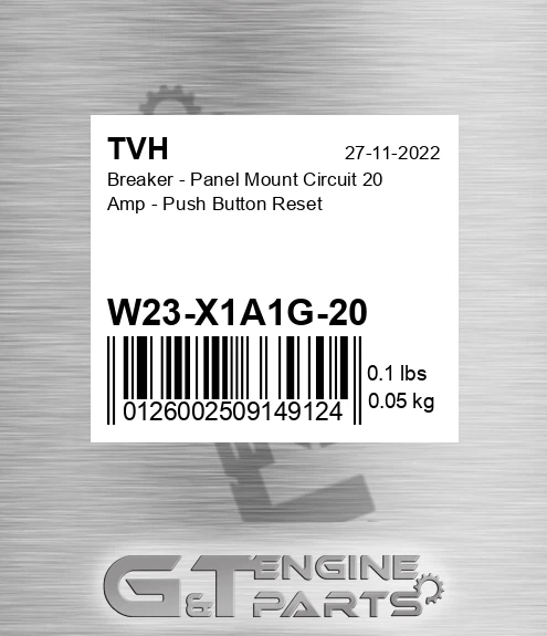 W23-X1A1G-20 Breaker - Panel Mount Circuit 20 Amp - Push Button Reset