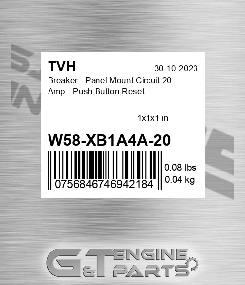 W58-XB1A4A-20 Breaker - Panel Mount Circuit 20 Amp - Push Button Reset