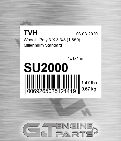 SU2000 Wheel - Poly 3 X 3 3/8 1.850 Millennium Standard