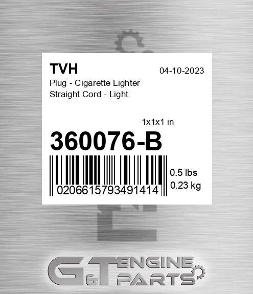 360076-B Plug - Cigarette Lighter Straight Cord - Light
