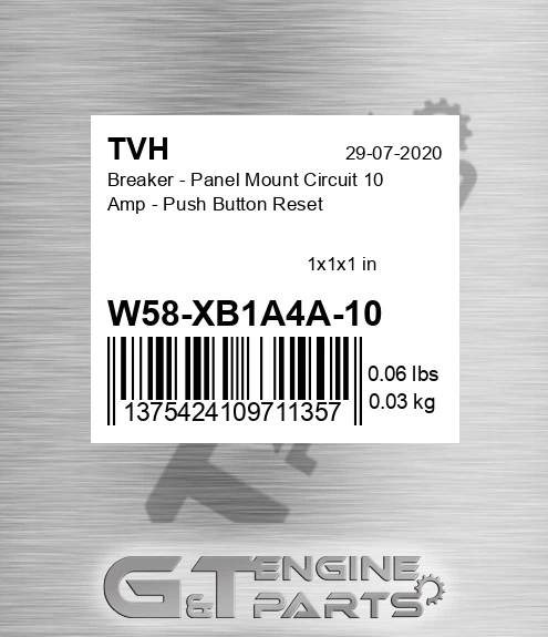 W58-XB1A4A-10 Breaker - Panel Mount Circuit 10 Amp - Push Button Reset
