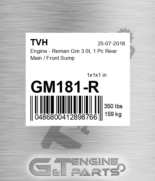 GM181-R Engine - Reman Gm 3.0L 1 Pc Rear Main / Front Sump