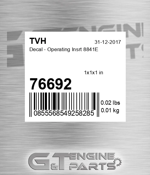 76692 Decal - Operating Insrt 8841E