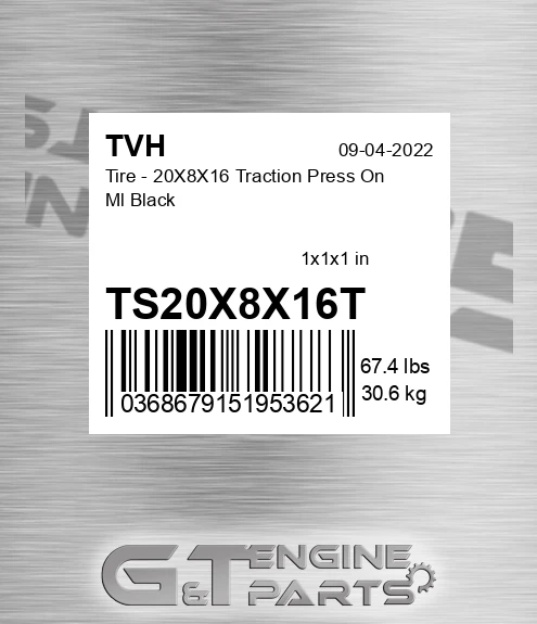 TS20X8X16T Tire - 20X8X16 Traction Press On Ml Black
