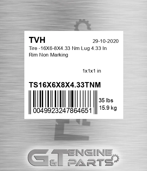 TS16X6X8X4.33TNM Tire -16X6-8X4.33 Nm Lug 4.33 In Rim Non Marking