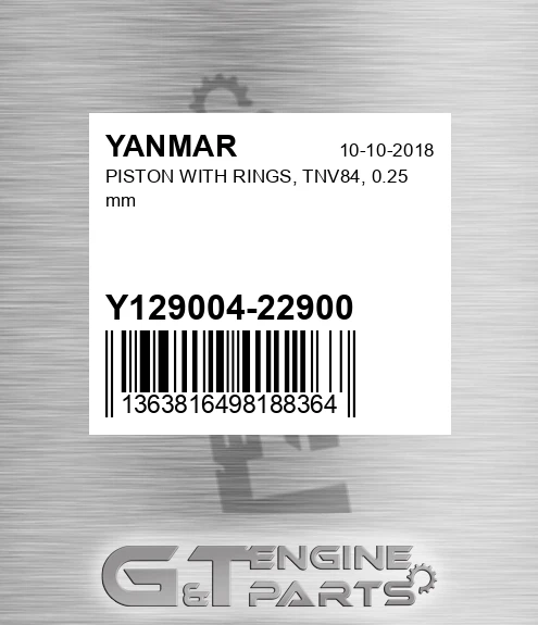 Y129004-22900 PISTON WITH RINGS, TNV84, 0.25 mm